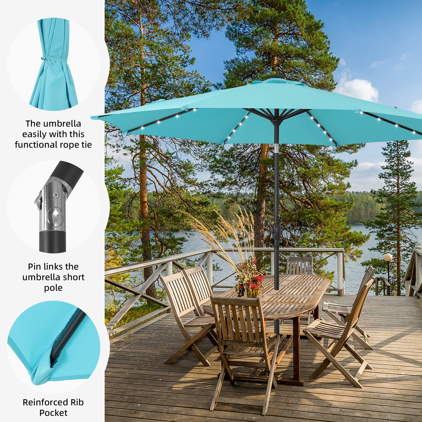 Autlaycil 10 ft Solar Patio Umbrellas and Base,  with 32 Lights for Market Outdoor Pool, Steel Tilt Crank-Blue