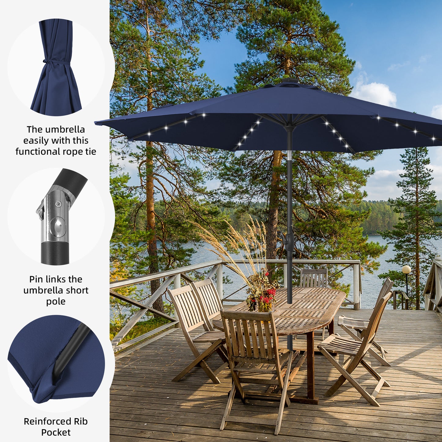 Autlaycil 10 ft Solar Patio Umbrellas and Base,  with 32 Lights for Market Outdoor Pool, Steel Tilt Crank-Navy Blue