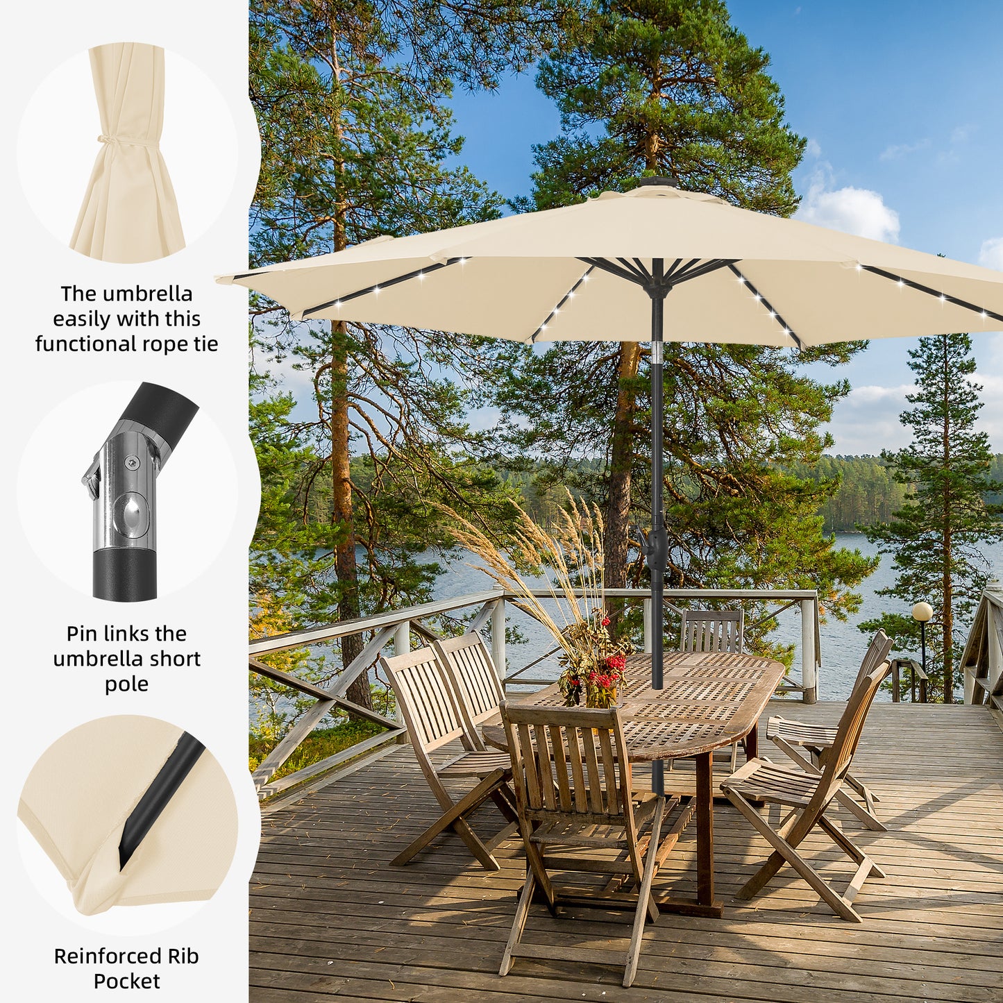 Autlaycil 10 ft Solar Patio Umbrellas and Base,  with 32 Lights for Market Outdoor Pool, Steel Tilt Crank-Khaki
