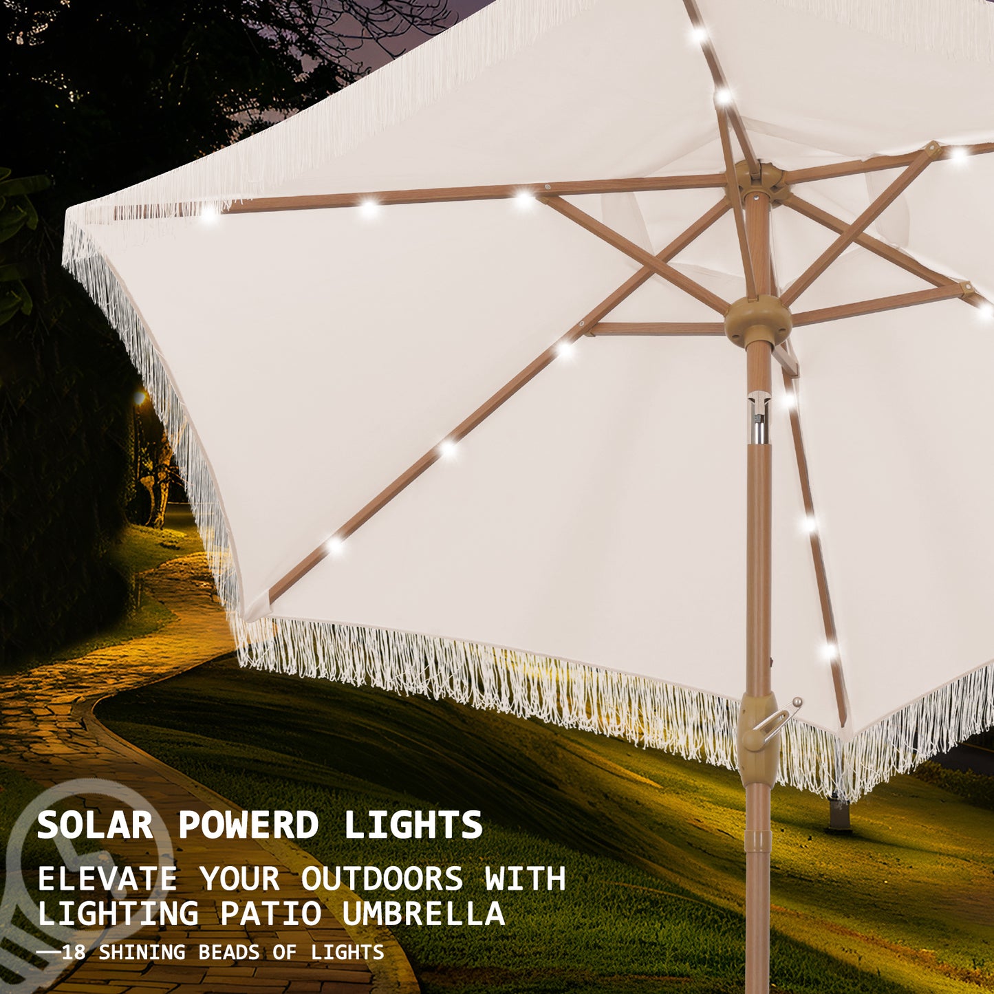 Autlaycil 7.5 ft Patio Umbrella with Tassel Fringe Stylish, 18 LED Lights Solar Umbrella (Beige)