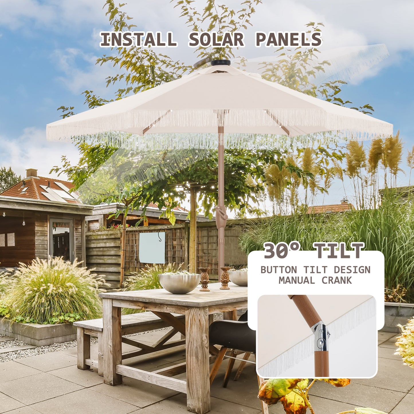 Autlaycil 7.5 ft Patio Umbrella with Tassel Fringe Stylish, 18 LED Lights Solar Umbrella (Beige)
