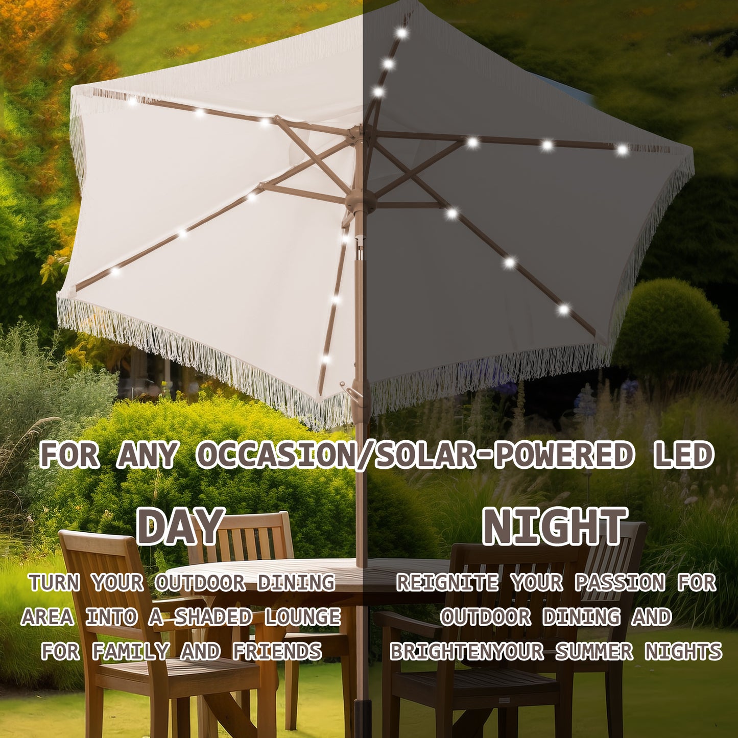 Autlaycil 7.5 ft Patio Umbrella and Umbrella Base with Tassel Fringe Stylish, 18 LED Lights Solar Umbrella (Beige)