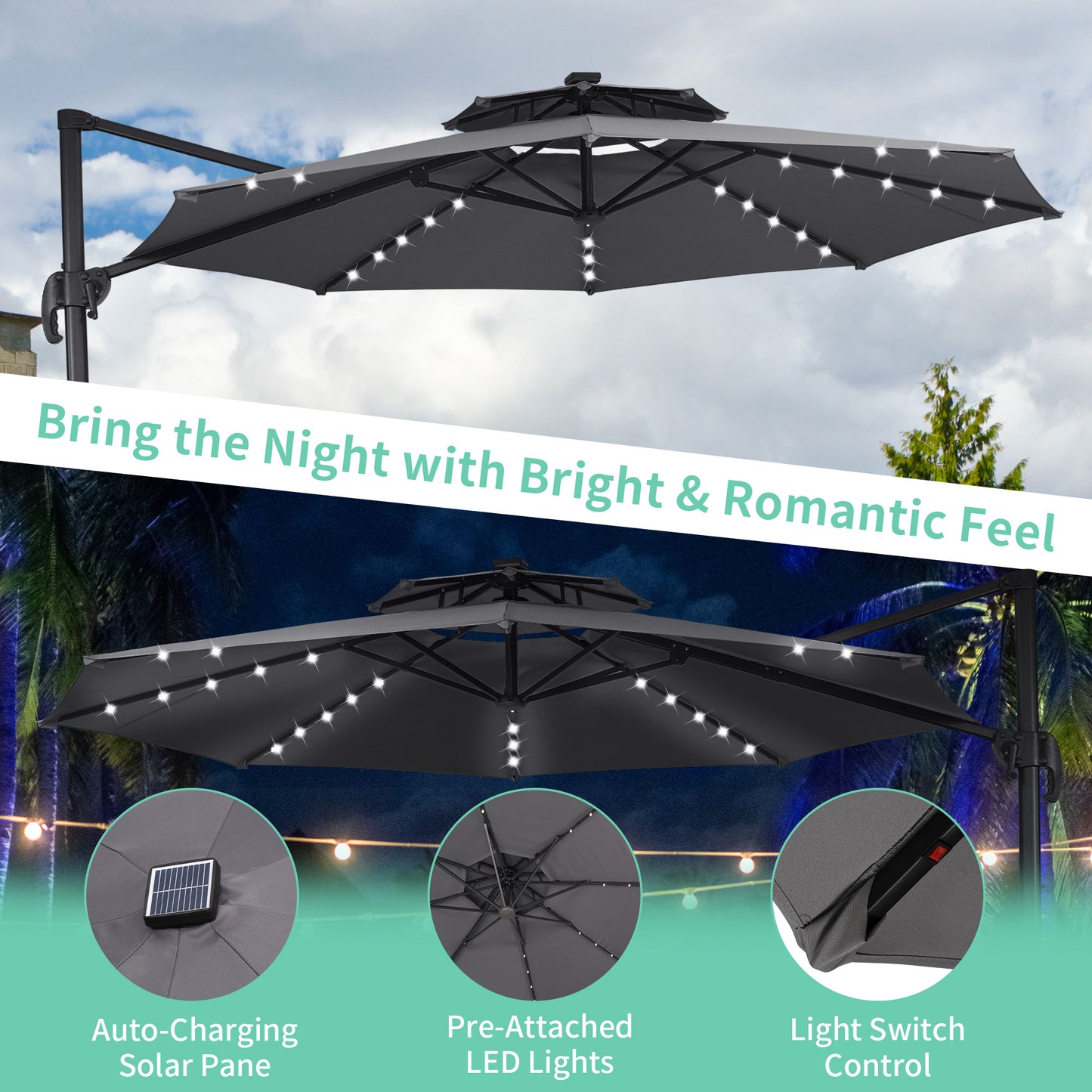 Autlaycil 10 FT Aluminum Offset Outdoor Cantilever Umbrella with Solar Lights, and 360-degree Rotation, 2-Tier Patio Umbrella, Grey