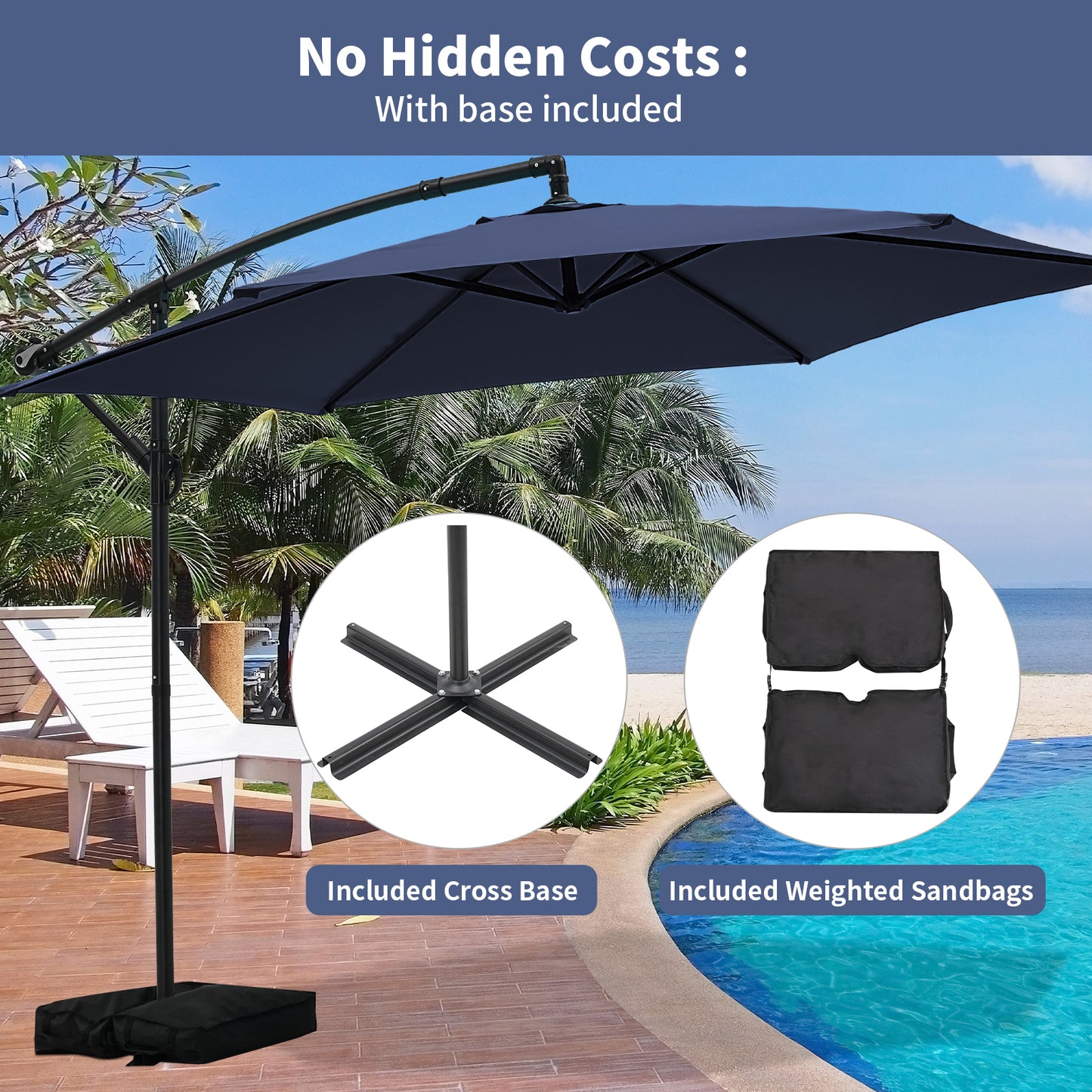 Autlaycil 10FT Cantilever Patio Umbrella, Hanging Offset Umbrella with Umbrella Stand, Navy Blue