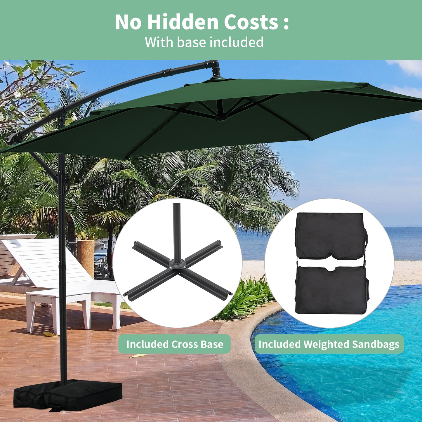 Autlaycil 10FT Cantilever Patio Umbrella, Hanging Offset Umbrella with Umbrella Stand, Green