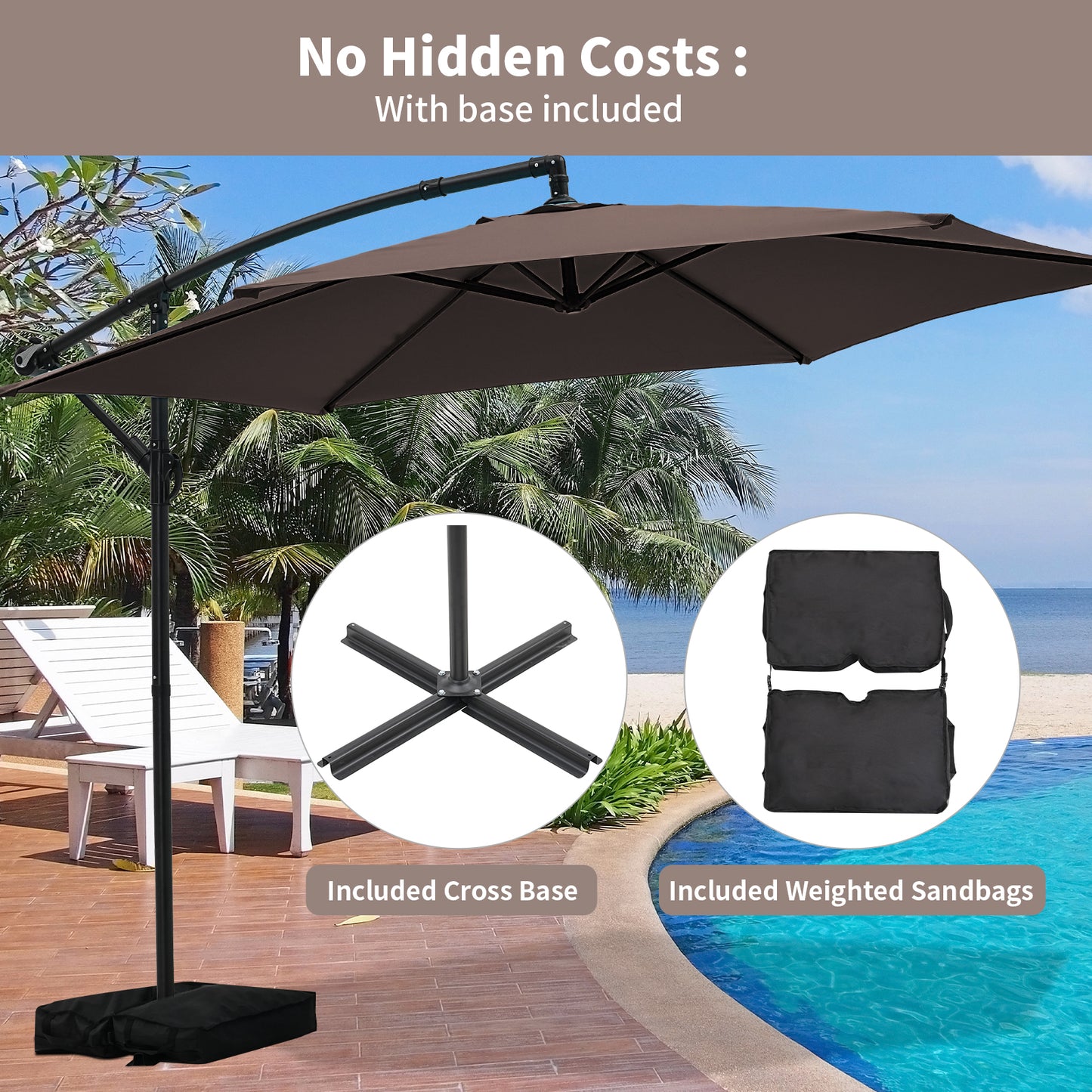 Autlaycil 10FT Cantilever Patio Umbrella, Hanging Offset Umbrella with Umbrella Stand, Coffee