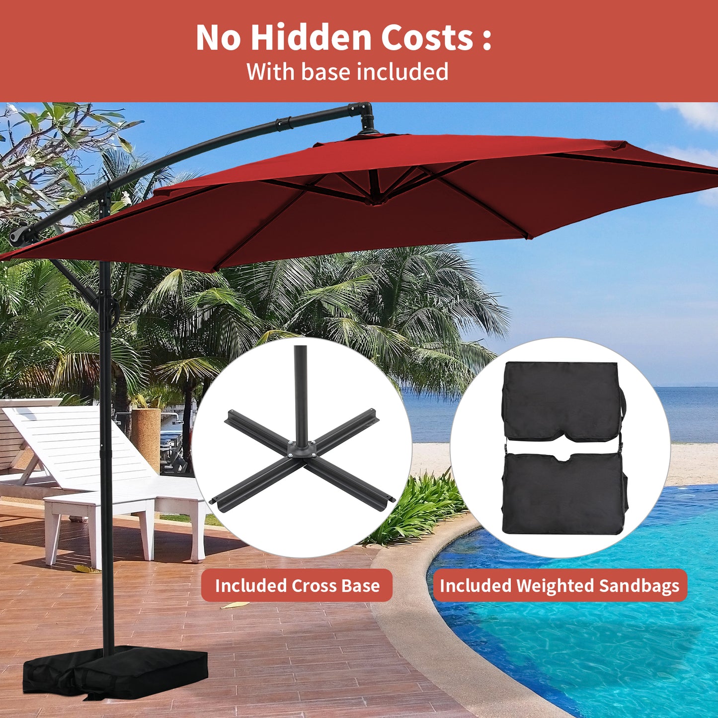Autlaycil 10FT Cantilever Patio Umbrella, Hanging Offset Umbrella with Umbrella Stand, Red