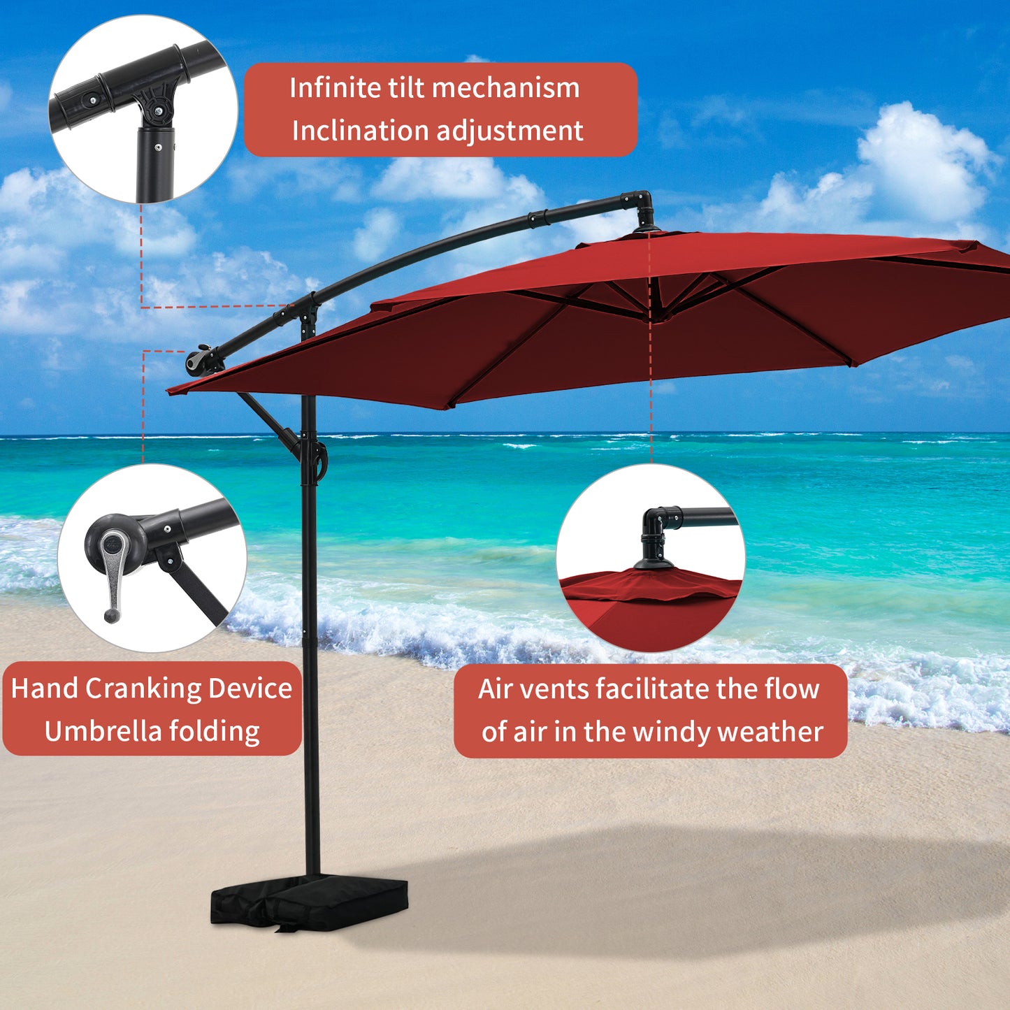 Autlaycil 10FT Cantilever Patio Umbrella, Hanging Offset Umbrella with Umbrella Stand, Red