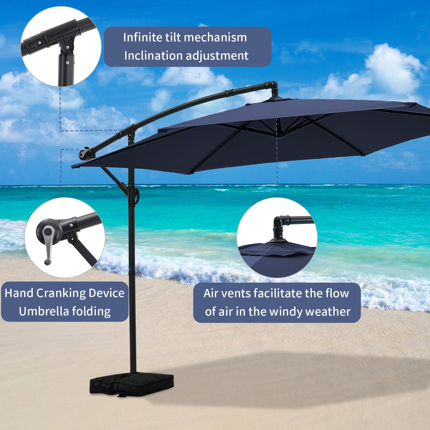 Autlaycil 10FT Cantilever Patio Umbrella, Hanging Offset Umbrella with Umbrella Stand, Navy Blue