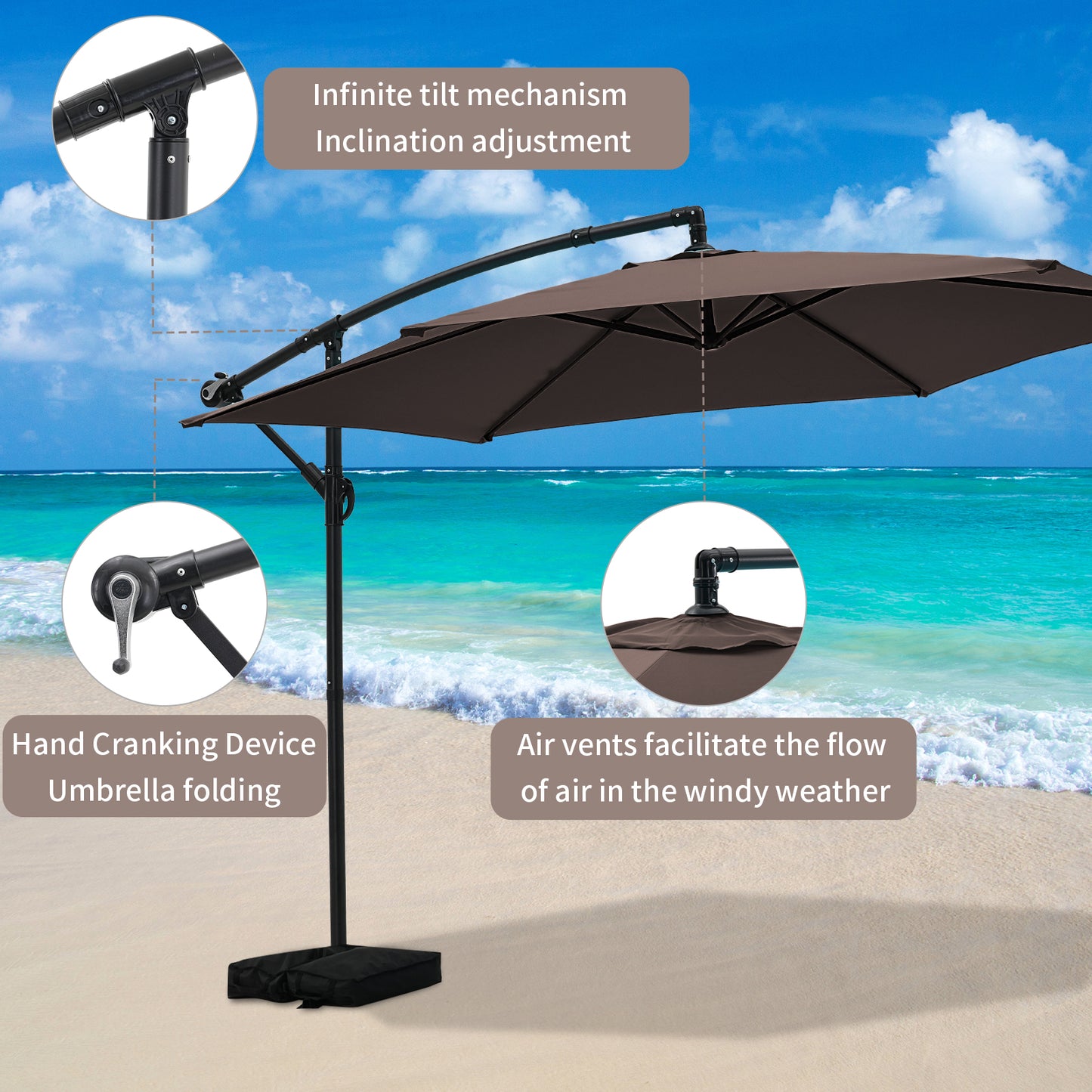 Autlaycil 10FT Cantilever Patio Umbrella, Hanging Offset Umbrella with Umbrella Stand, Coffee