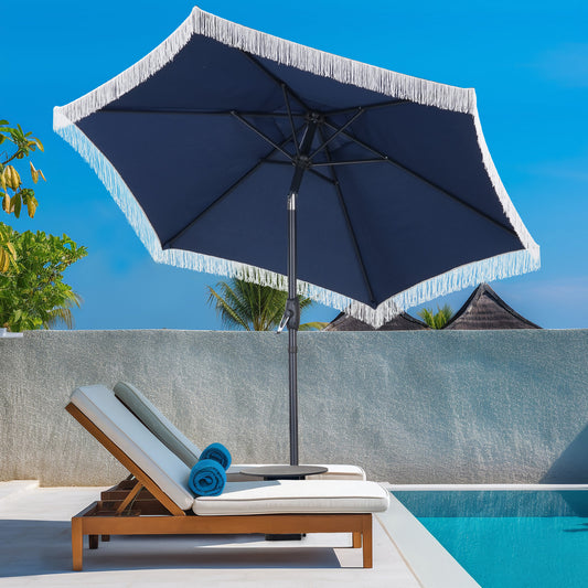 Autlaycil 7.5 ft Fringe Patio Umbrella for Beach, Pool, Adjustable Outdoor Market Umbrellas,Tassel Stylish (Navy Blue)