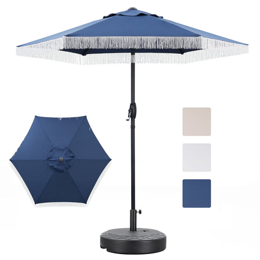 Autlaycil 7.5 ft Fringe Patio Umbrella and Umbrella Base for Beach, Pool, Adjustable Outdoor Market Umbrellas (Navy BLue)