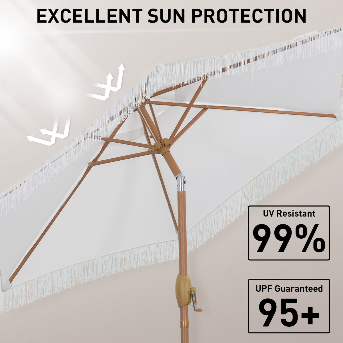 Autlaycil 7.5 ft Tassel Patio Umbrella with Umbrella Base, Fringe Stylish Beach, Pool, Adjustable Outdoor Market Umbrellas - White