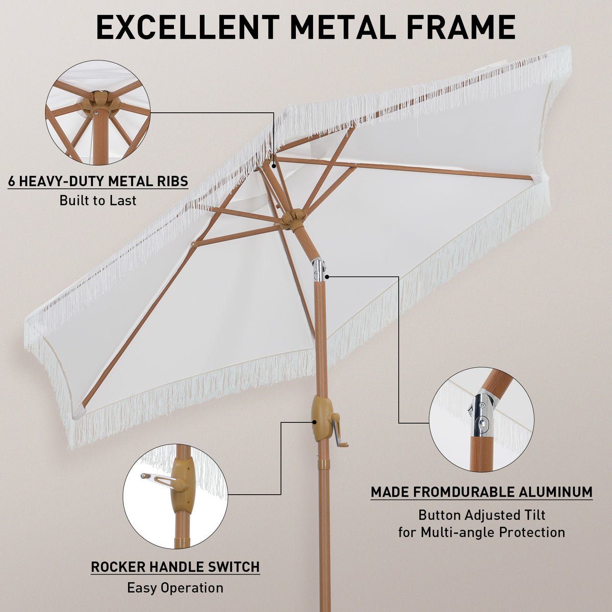 Autlaycil 7.5 ft Tassel Patio Umbrella with Umbrella Base, Fringe Stylish Beach, Pool, Adjustable Outdoor Market Umbrellas - White