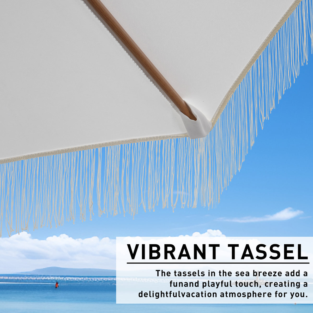 Autlaycil 7.5 ft Tassel Patio Umbrella with Umbrella Base, Fringe Stylish Beach, Pool, Adjustable Outdoor Market Umbrellas - White