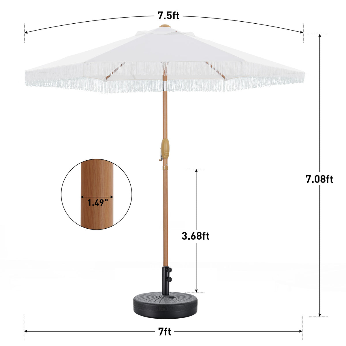 Autlaycil 7.5 ft Tassel Patio Umbrella with Umbrella Base, Fringe Stylish Beach, Pool, Adjustable Outdoor Market Umbrellas - White