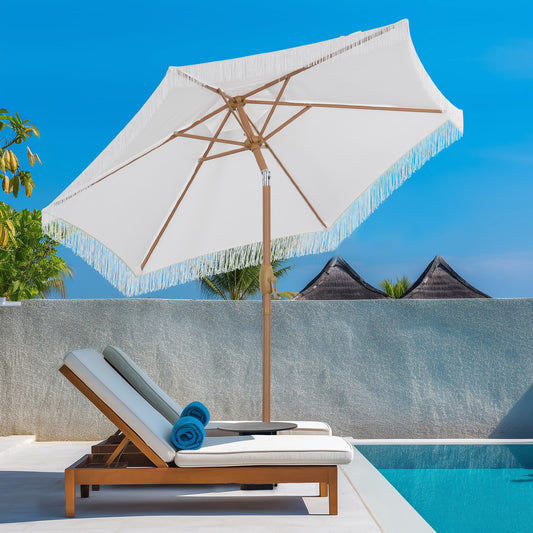 Autlaycil 7.5 ft Fringe Patio Umbrella for Beach, Pool, Adjustable Outdoor Market Umbrellas,Tassel Stylish (White)