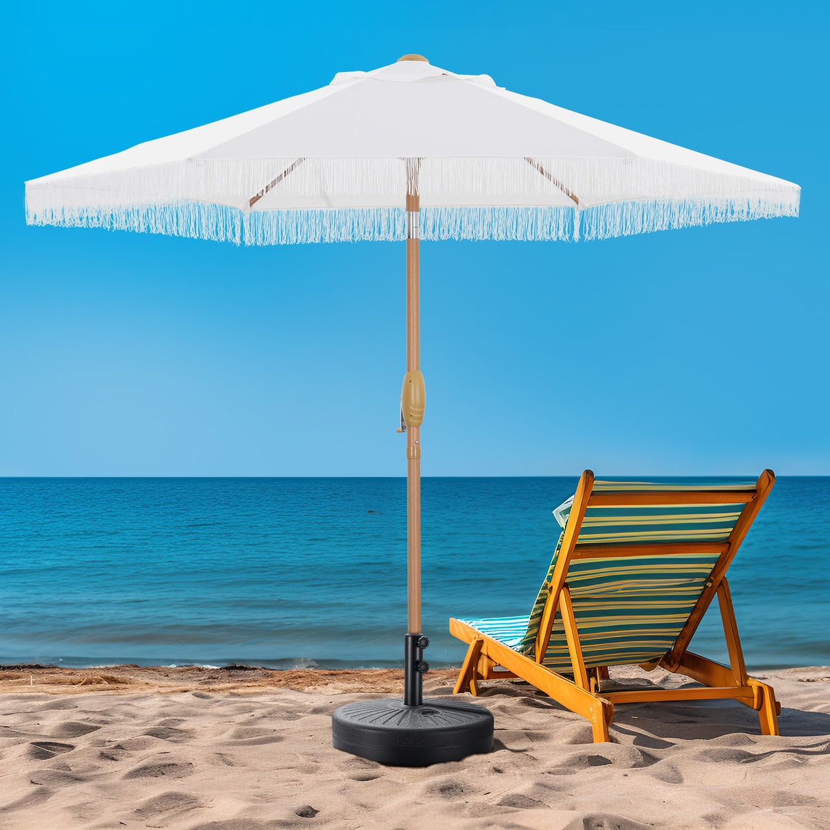 Autlaycil 7.5 ft Tassel Patio Umbrella with Umbrella Base, Fringe Stylish Beach, Pool, Adjustable Outdoor Market Umbrellas - White