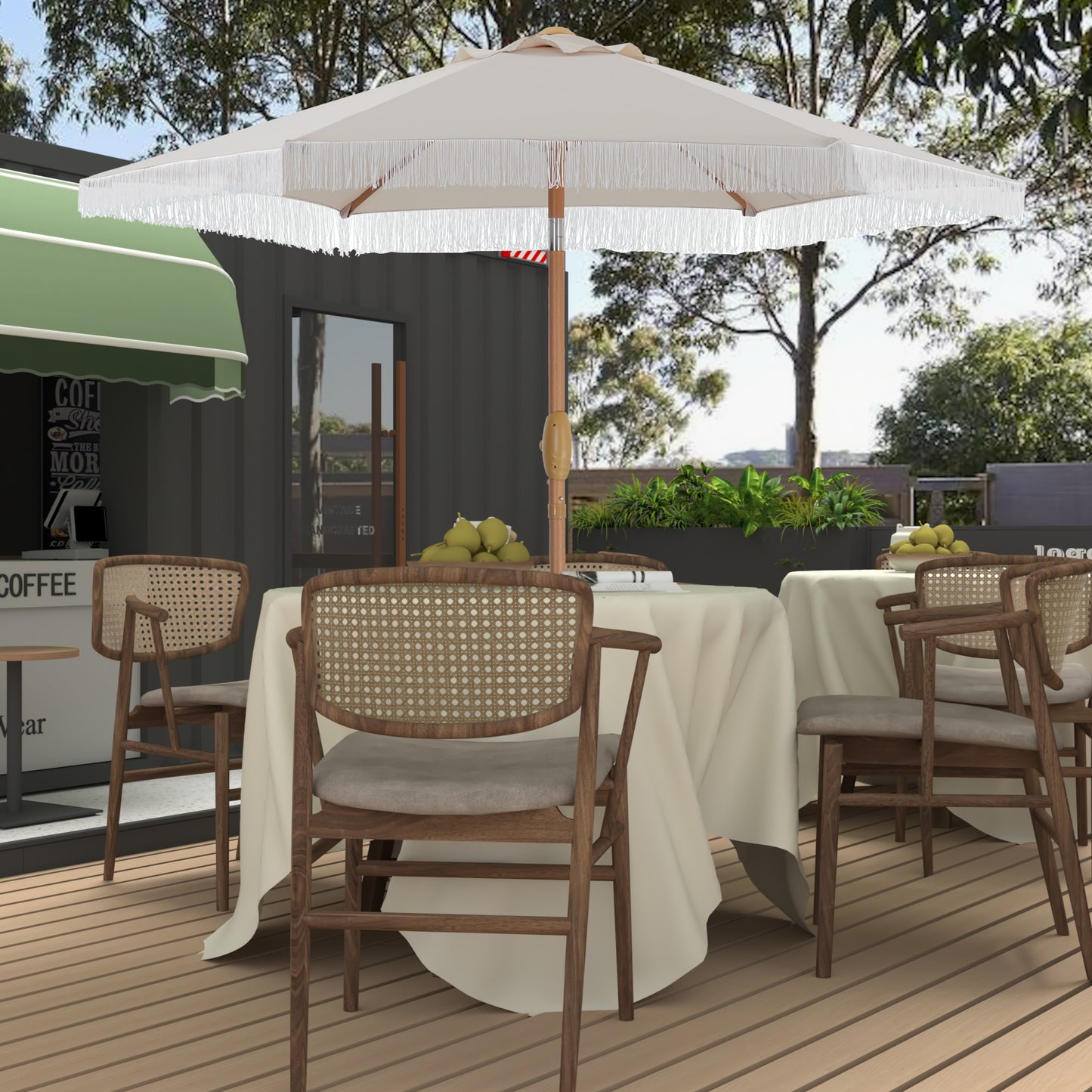 Autlaycil 7.5 ft Fringe Patio Umbrella for Beach, Pool, Adjustable Outdoor Market Umbrellas,Tassel Stylish (Beige)