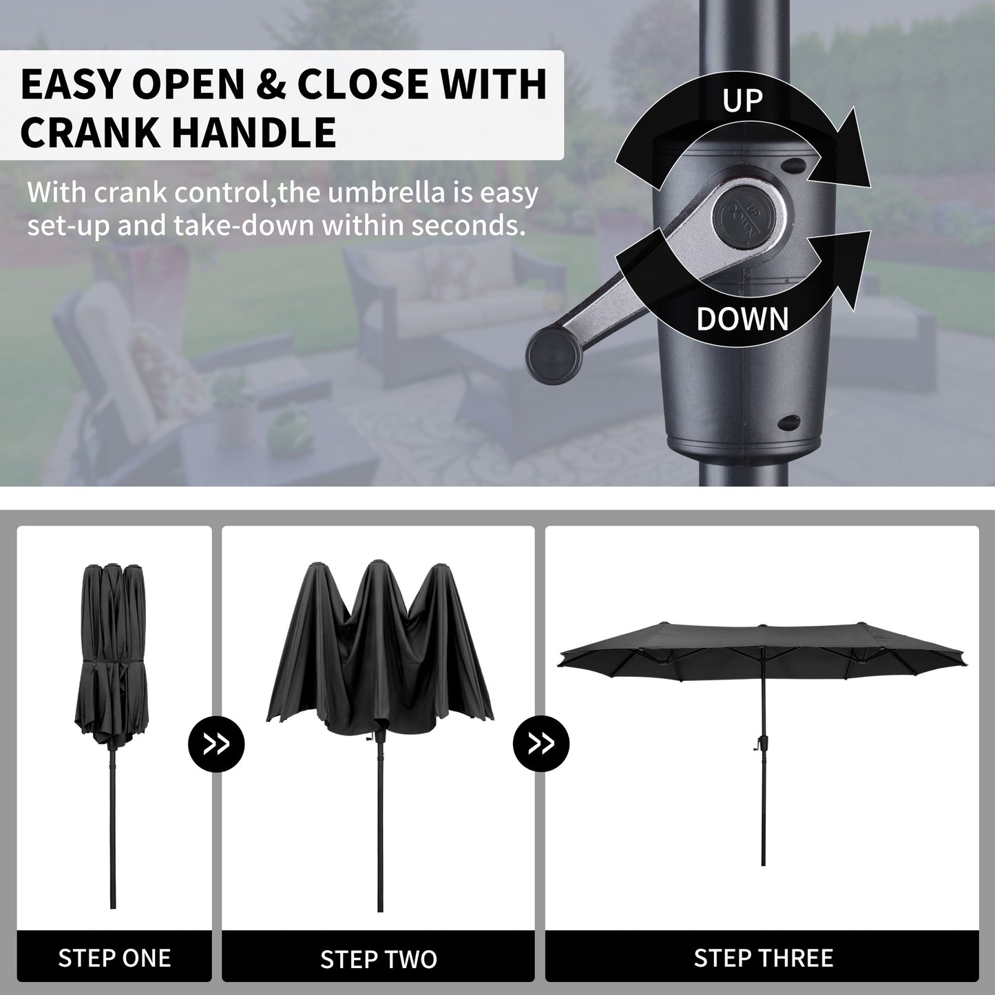 Autlaycil 13ft Patio Umbrella with Crank System and Sturdy Ribs, Sun Protection for Garden, Deck, Poolside, Outdoor - Black