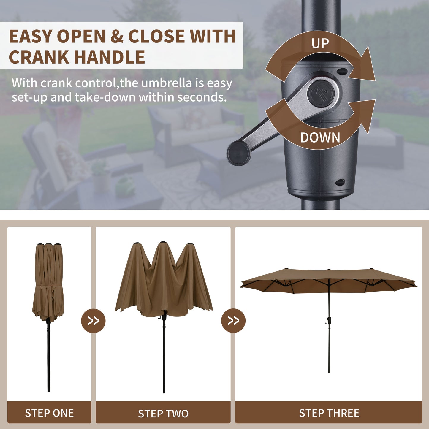 Autlaycil 13ft Patio Umbrella with Crank System and Sturdy Ribs, Sun Protection for Garden, Deck, Poolside, Outdoor - Brown