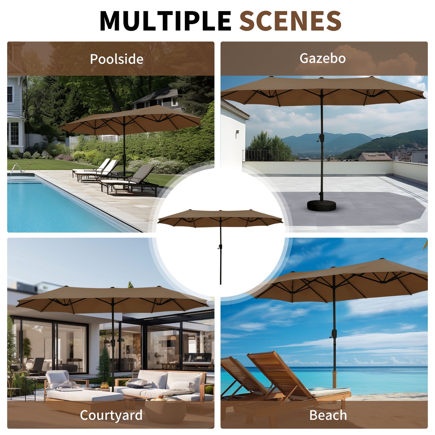 Autlaycil 13ft Patio Umbrella with Crank System and Sturdy Ribs, Sun Protection for Garden, Deck, Poolside, Outdoor - Brown