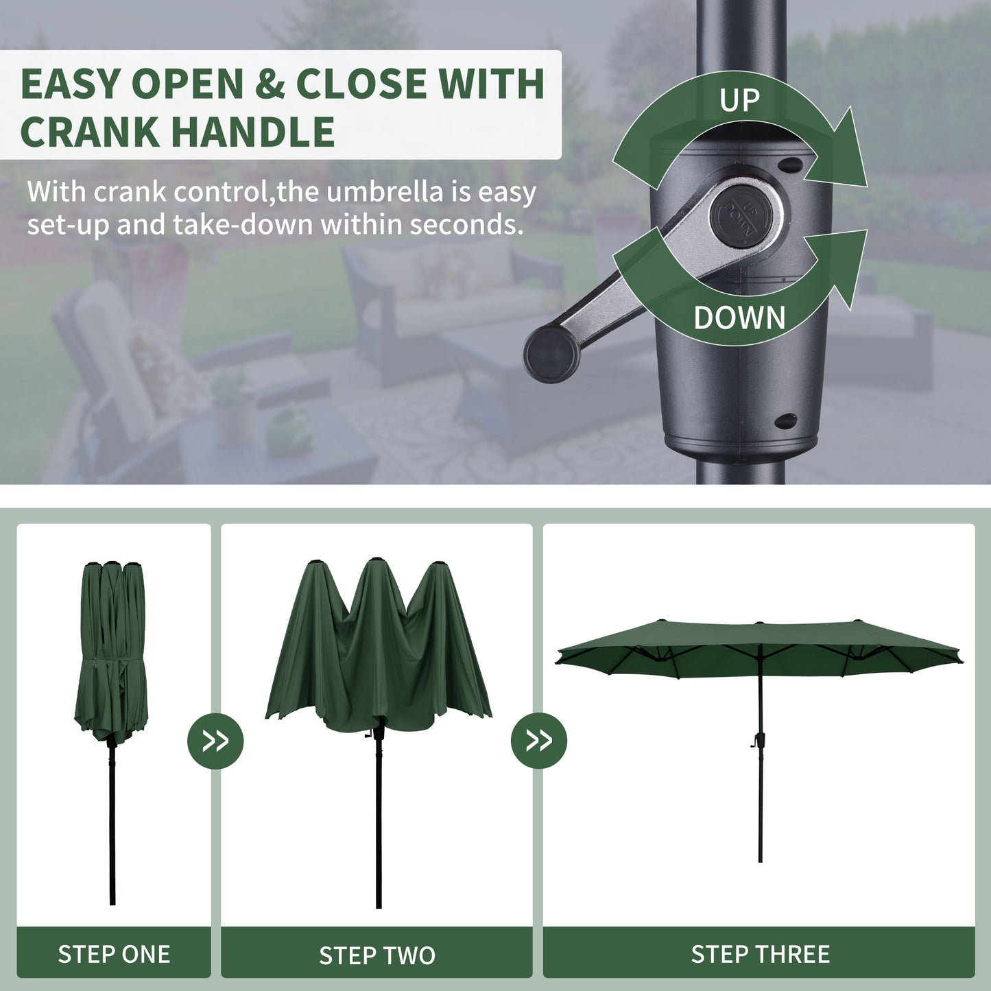 Autlaycil 13ft Patio Umbrella with Crank System and Sturdy Ribs, Sun Protection for Garden, Deck, Poolside, Outdoor - Green