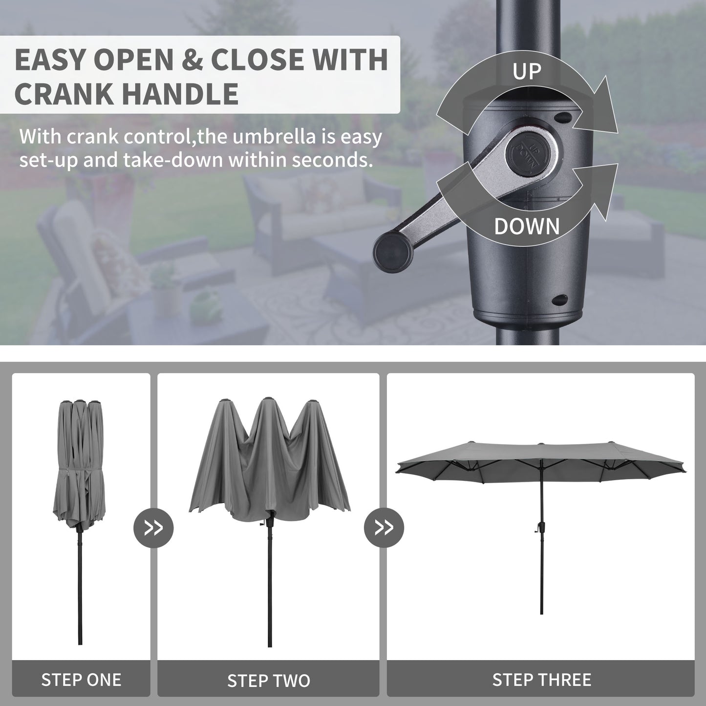 Autlaycil 13ft Patio Umbrella with Crank System and Sturdy Ribs, Sun Protection for Garden, Deck, Poolside, Outdoor - Gray