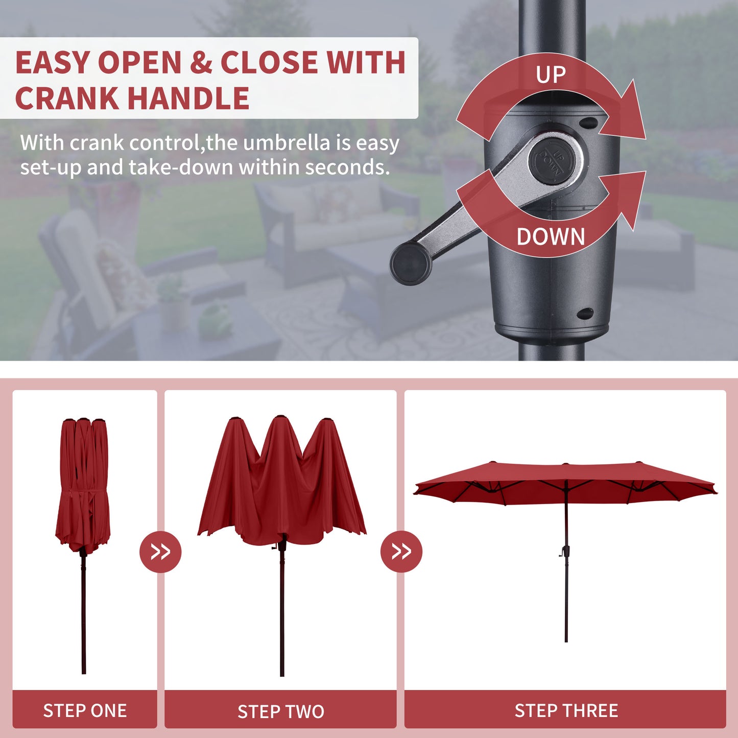 Autlaycil 13ft Patio Umbrella with Crank System and Sturdy Ribs, Sun Protection for Garden, Deck, Poolside, Outdoor - Red