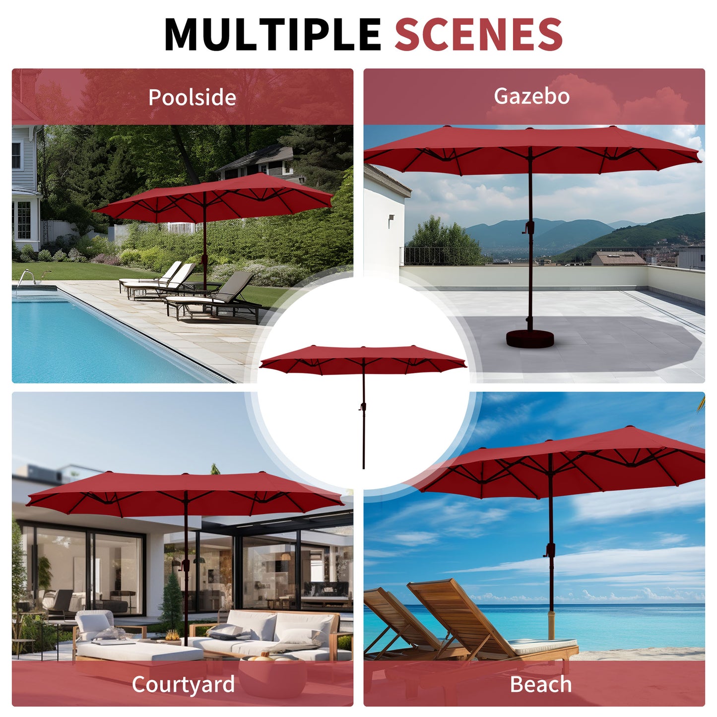 Autlaycil 13ft Patio Umbrella with Crank System and Sturdy Ribs, Sun Protection for Garden, Deck, Poolside, Outdoor - Red