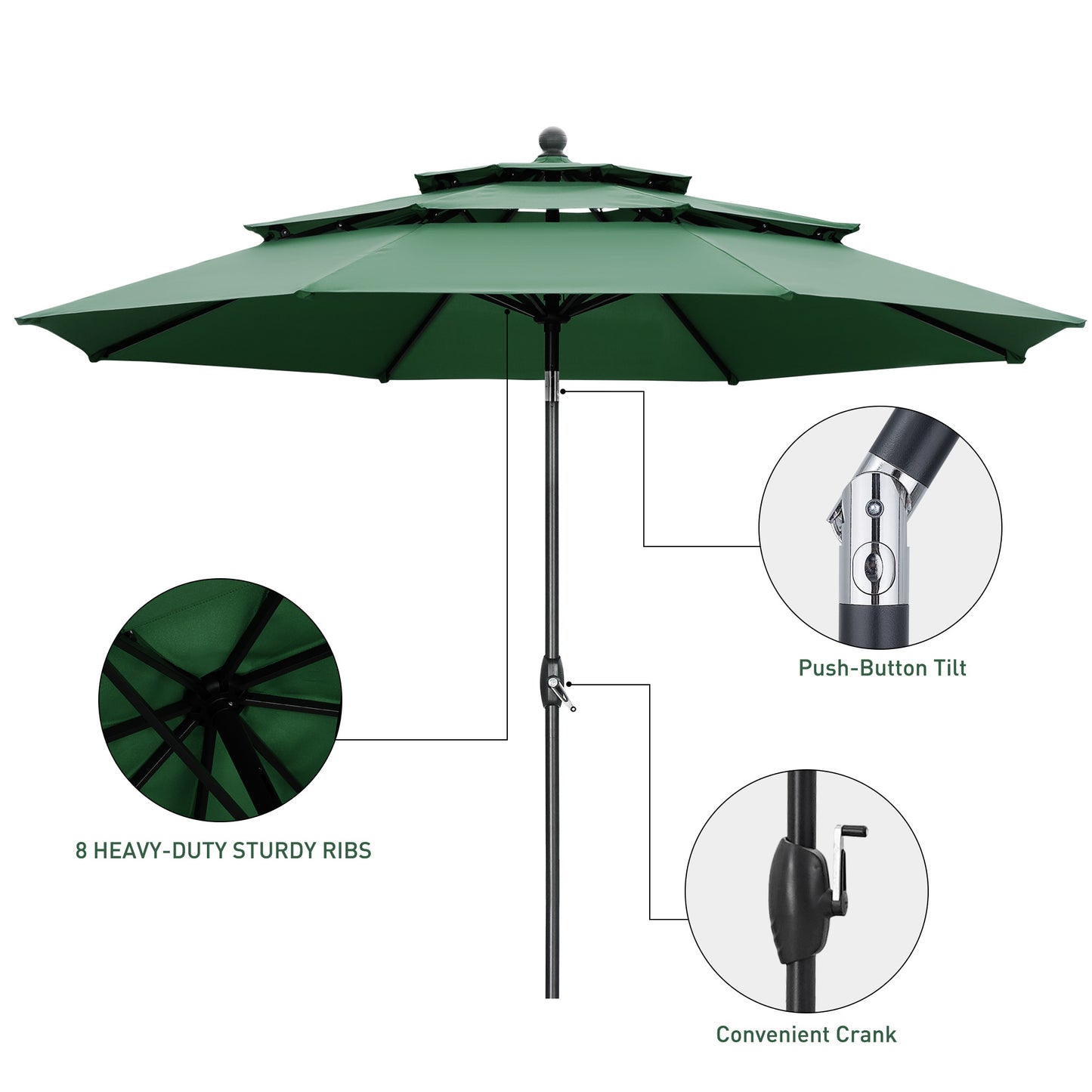 Autlaycil 10ft Green Patio Umbrella with Push Button Tilt and Crank, 8 Sturdy Ribs UV Protection Waterproof for Garden, Deck, Table, Pool