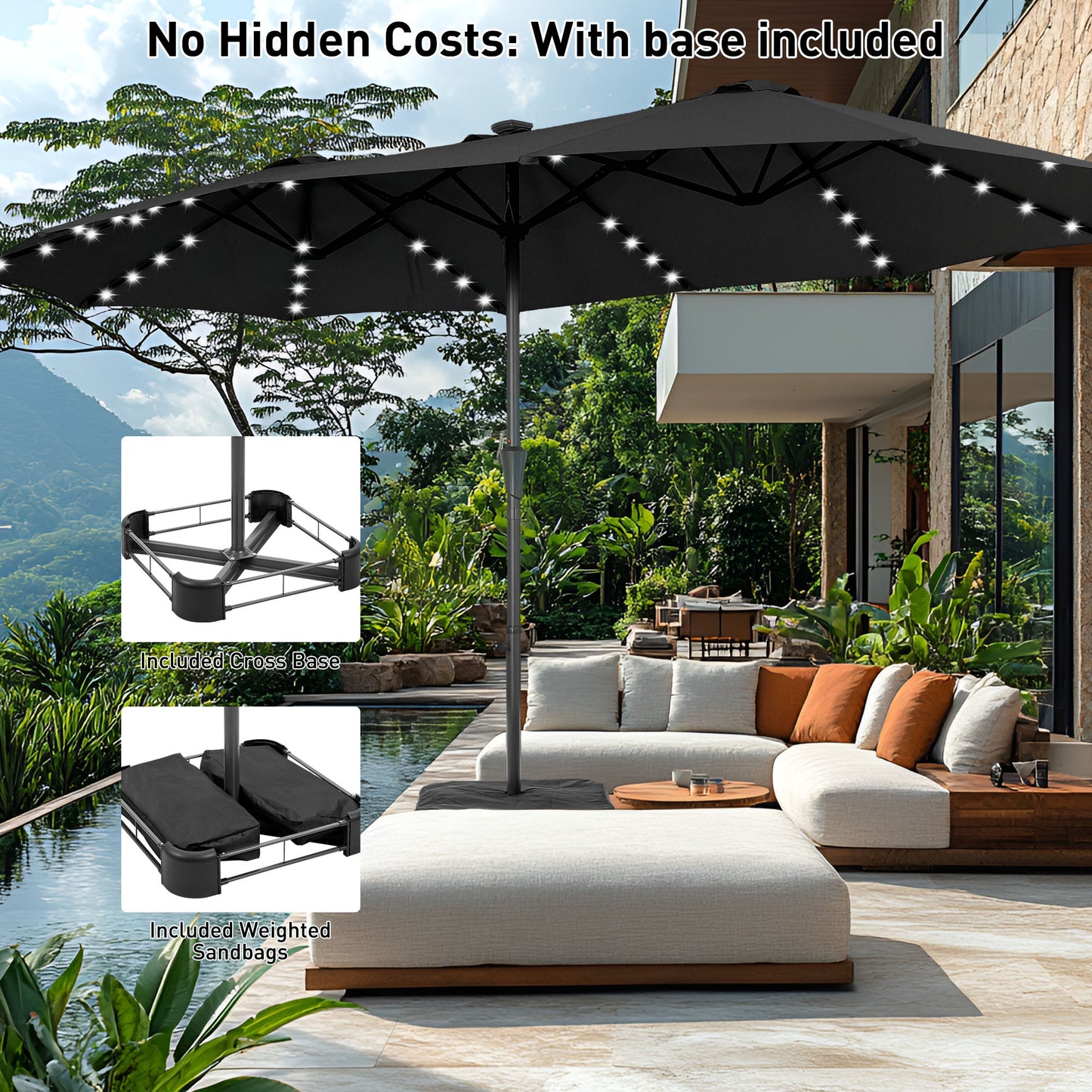 Autlaycil 15' Market Patio Umbrella and Matching Base with Crank System and 48 Solar Powered LED Lights for Outdoor, Market, Beach, Garden, Yard, Party, Black