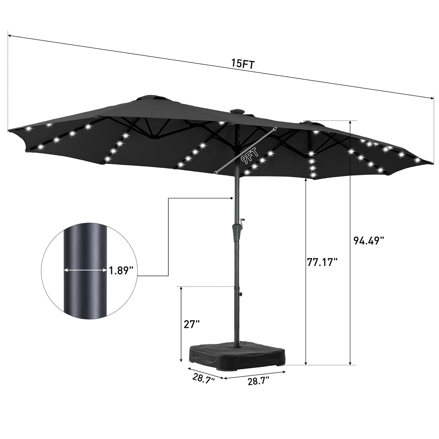 Autlaycil 15' Market Patio Umbrella and Matching Base with Crank System and 48 Solar Powered LED Lights for Outdoor, Market, Beach, Garden, Yard, Party, Black