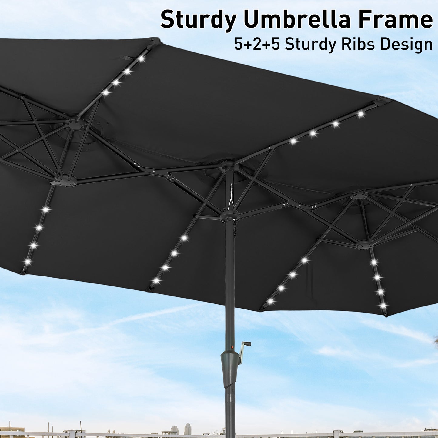Autlaycil 15' Market Patio Umbrella and Matching Base with Crank System and 48 Solar Powered LED Lights for Outdoor, Market, Beach, Garden, Yard, Party, Black