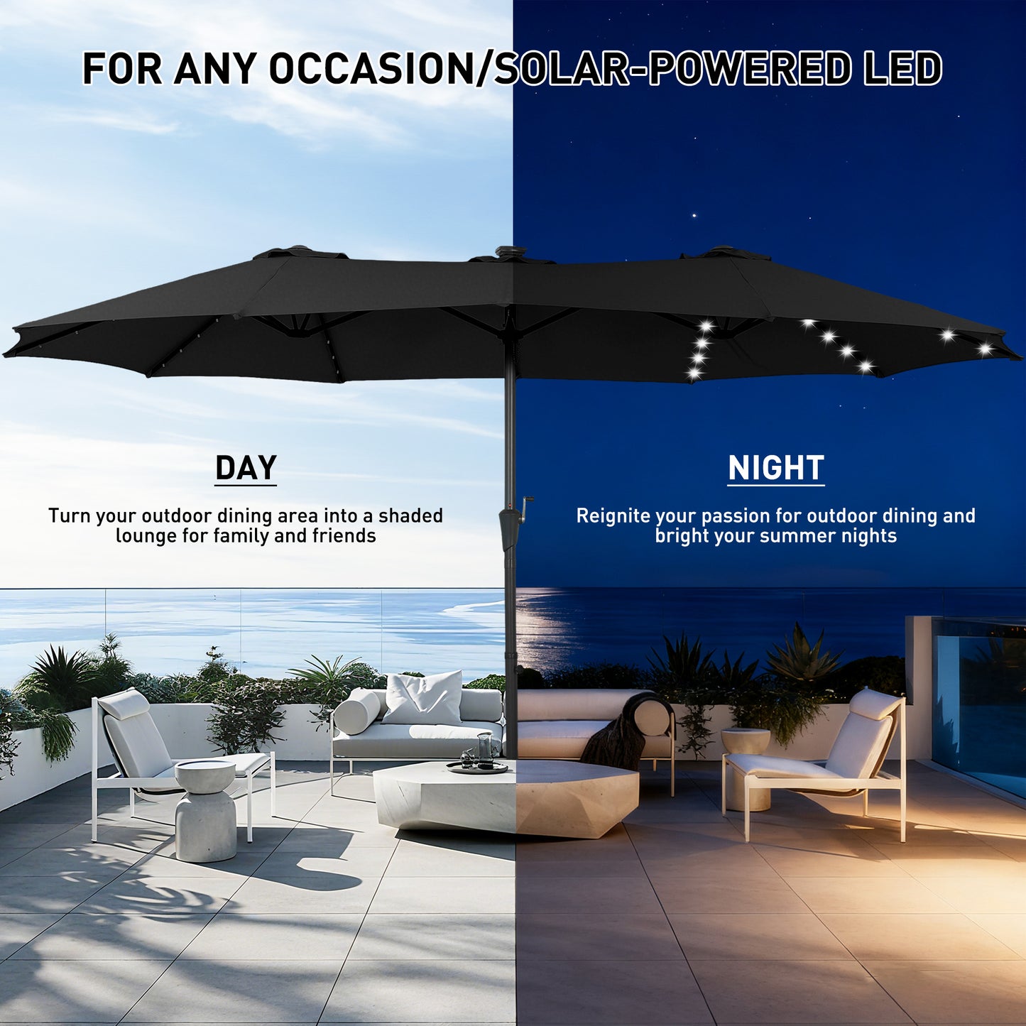 Autlaycil 15' Market Patio Umbrella and Matching Base with Crank System and 48 Solar Powered LED Lights for Outdoor, Market, Beach, Garden, Yard, Party, Black