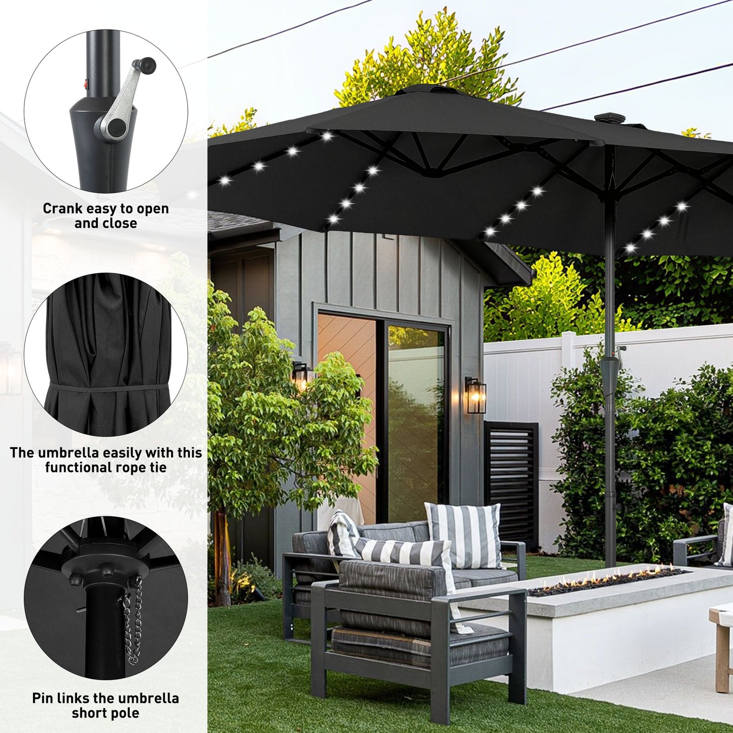 Autlaycil 15' Market Patio Umbrella and Matching Base with Crank System and 48 Solar Powered LED Lights for Outdoor, Market, Beach, Garden, Yard, Party, Black