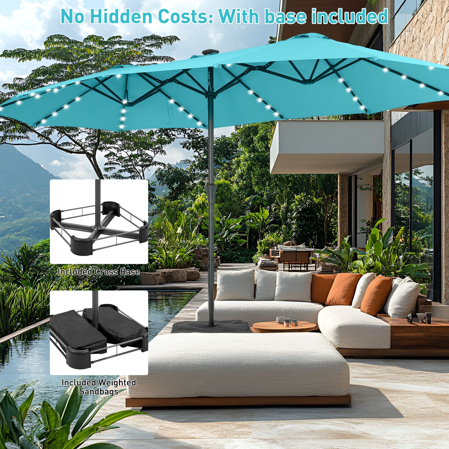 Autlaycil 15' Market Patio Umbrella and Matching Base with Crank System and 48 Solar Powered LED Lights for Outdoor, Market, Beach, Garden, Yard, Party, Blue