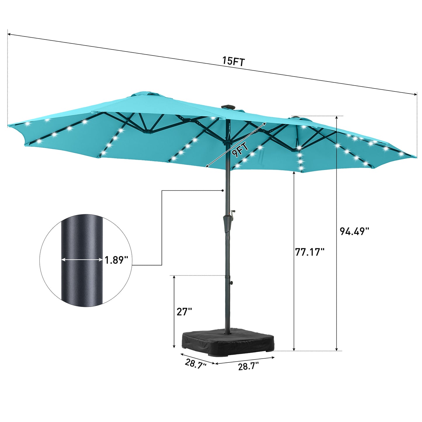 Autlaycil 15' Market Patio Umbrella and Matching Base with Crank System and 48 Solar Powered LED Lights for Outdoor, Market, Beach, Garden, Yard, Party, Blue
