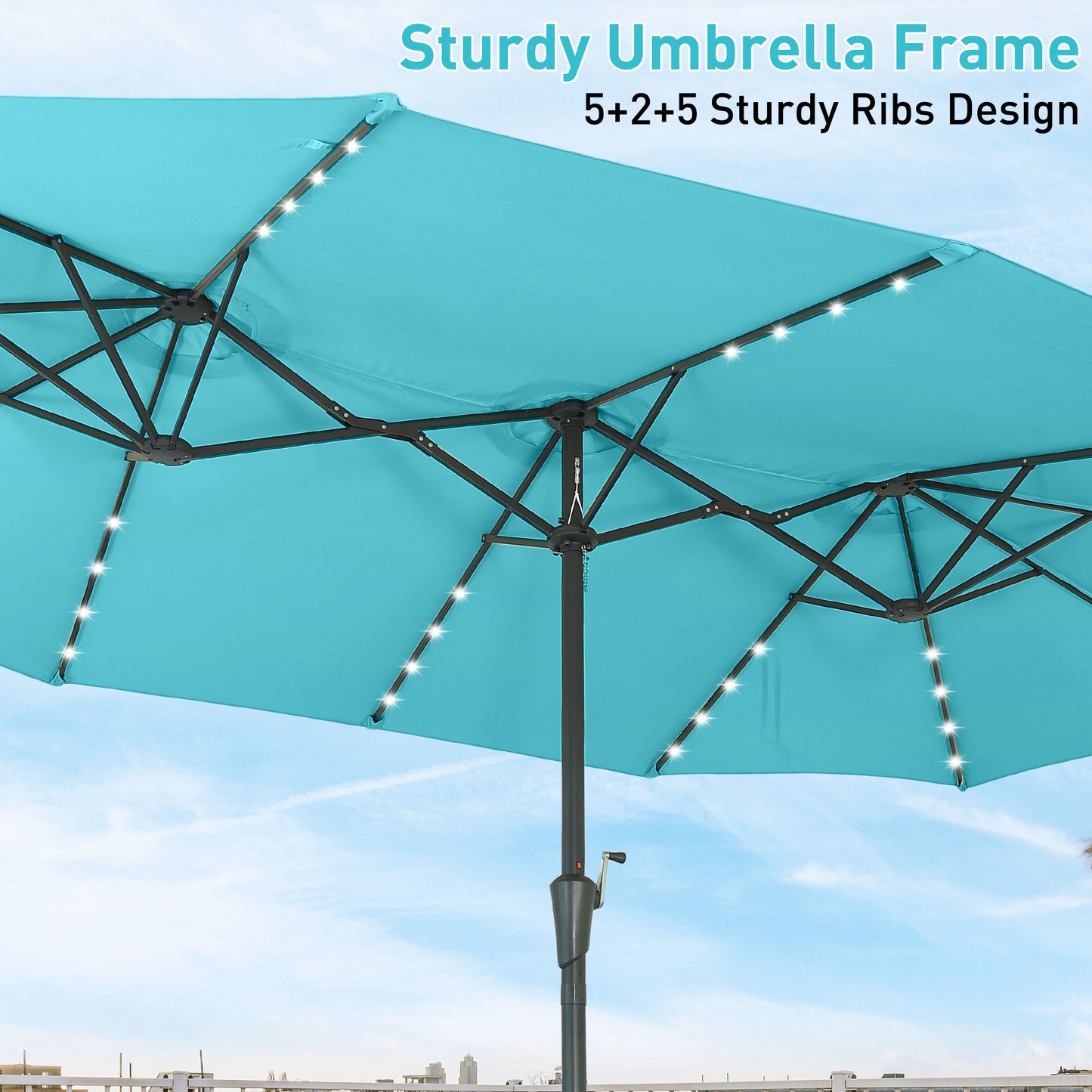 Autlaycil 15' Market Patio Umbrella and Matching Base with Crank System and 48 Solar Powered LED Lights for Outdoor, Market, Beach, Garden, Yard, Party, Blue