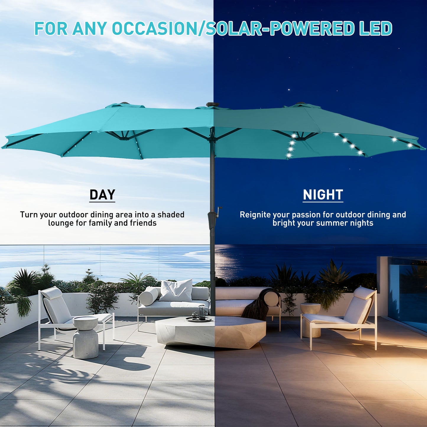 Autlaycil 15' Market Patio Umbrella and Matching Base with Crank System and 48 Solar Powered LED Lights for Outdoor, Market, Beach, Garden, Yard, Party, Blue