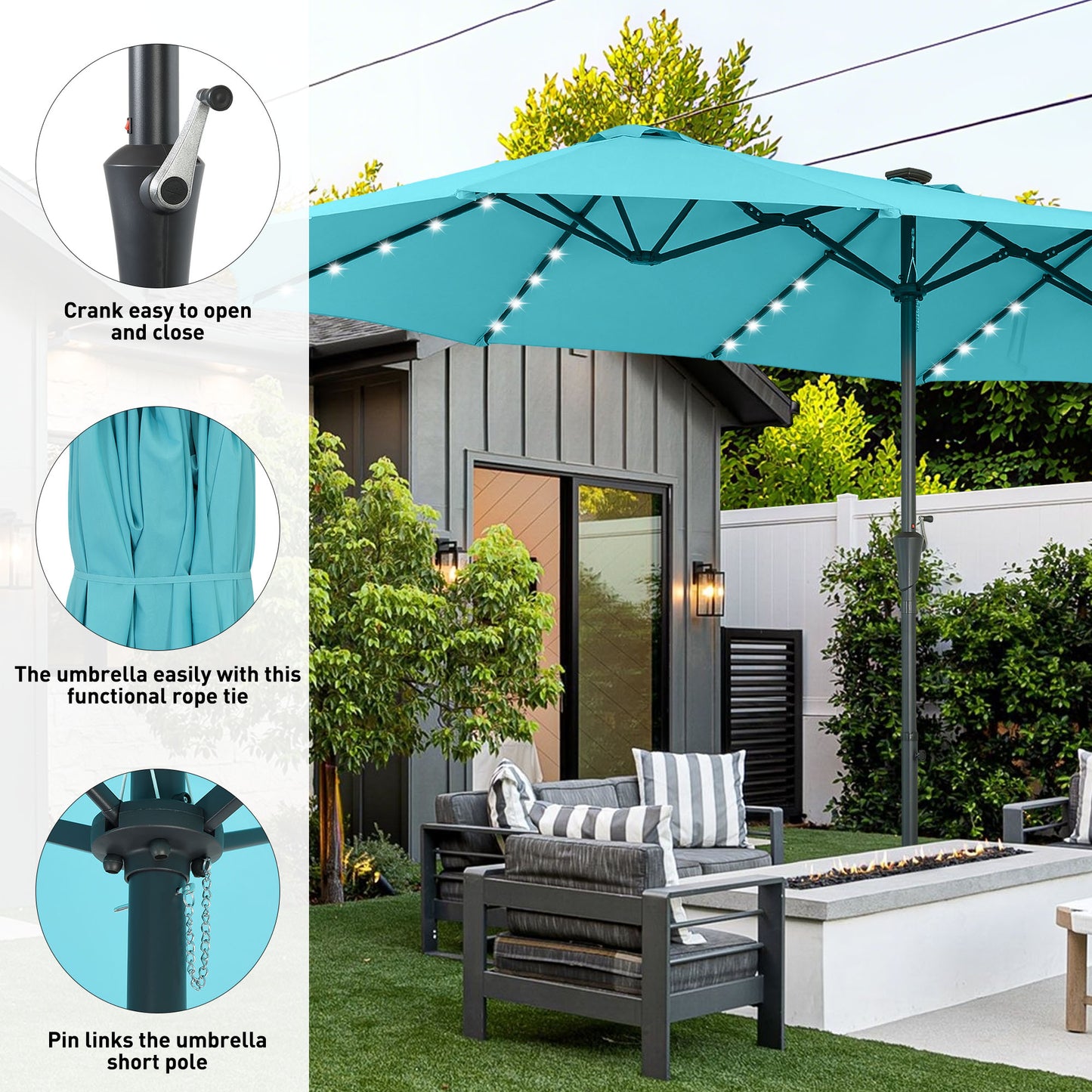 Autlaycil 15' Market Patio Umbrella and Matching Base with Crank System and 48 Solar Powered LED Lights for Outdoor, Market, Beach, Garden, Yard, Party, Blue