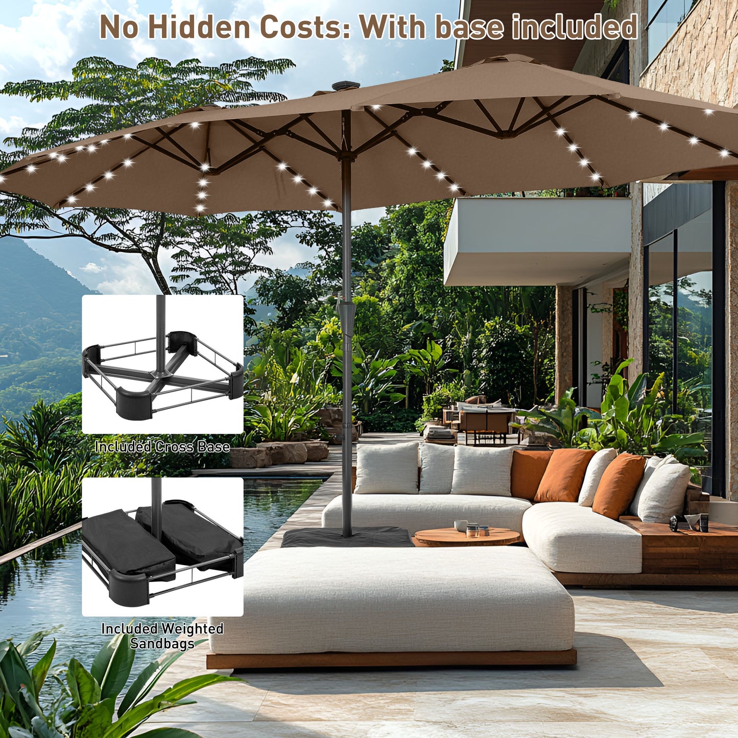 Autlaycil 15' Market Patio Umbrella and Matching Base with Crank System and 48 Solar Powered LED Lights for Outdoor, Market, Beach, Garden, Yard, Party, Brown