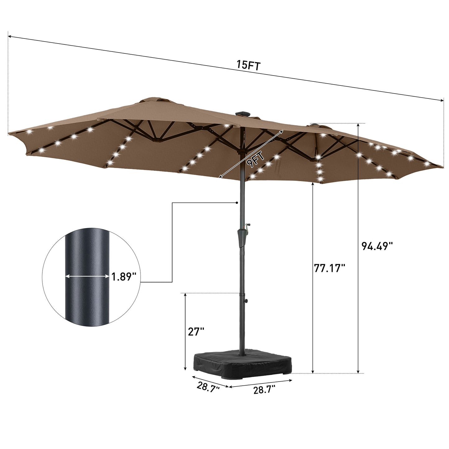Autlaycil 15' Market Patio Umbrella and Matching Base with Crank System and 48 Solar Powered LED Lights for Outdoor, Market, Beach, Garden, Yard, Party, Brown