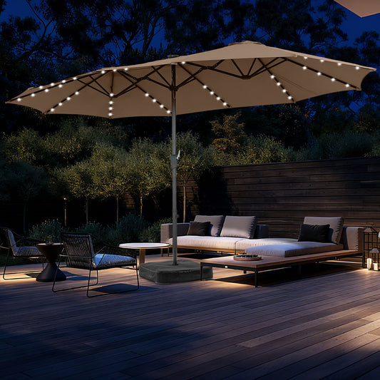 Autlaycil 15' Market Patio Umbrella and Matching Base with Crank System and 48 Solar Powered LED Lights for Outdoor, Market, Beach, Garden, Yard, Party, Brown
