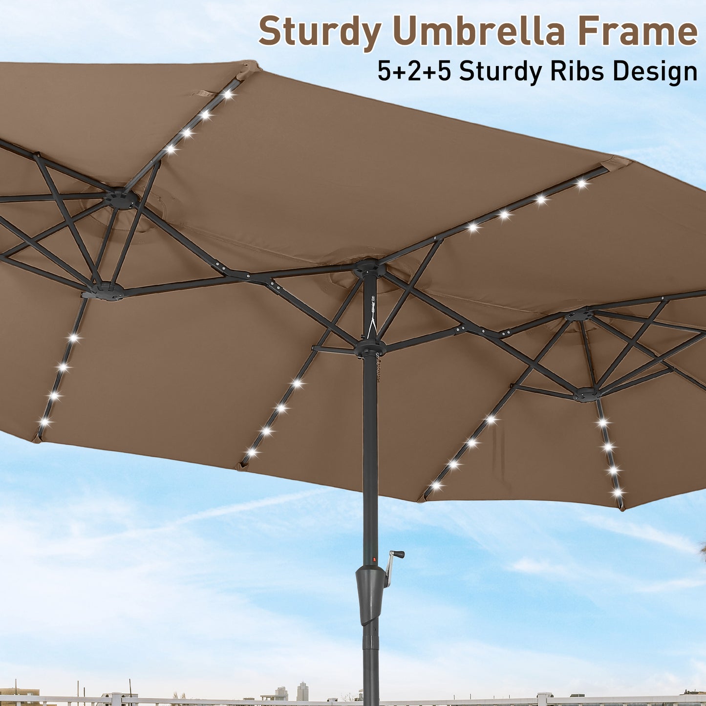 Autlaycil 15' Market Patio Umbrella and Matching Base with Crank System and 48 Solar Powered LED Lights for Outdoor, Market, Beach, Garden, Yard, Party, Brown