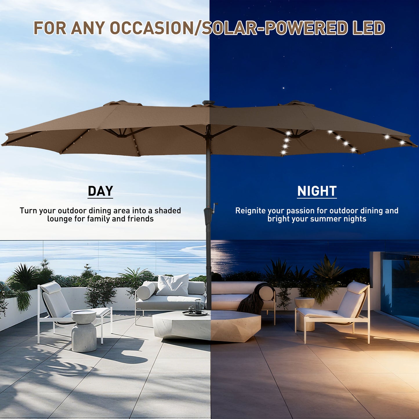 Autlaycil 15' Market Patio Umbrella and Matching Base with Crank System and 48 Solar Powered LED Lights for Outdoor, Market, Beach, Garden, Yard, Party, Brown