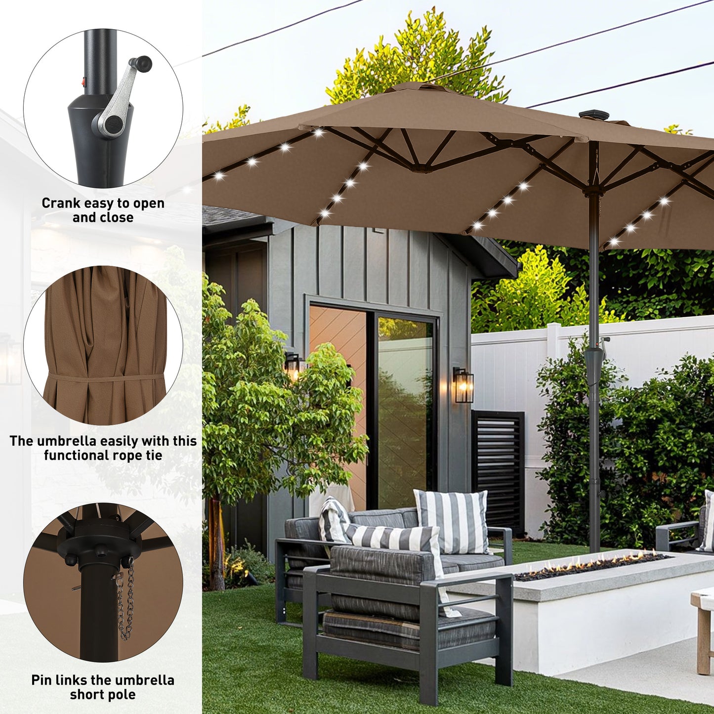 Autlaycil 15' Market Patio Umbrella and Matching Base with Crank System and 48 Solar Powered LED Lights for Outdoor, Market, Beach, Garden, Yard, Party, Brown