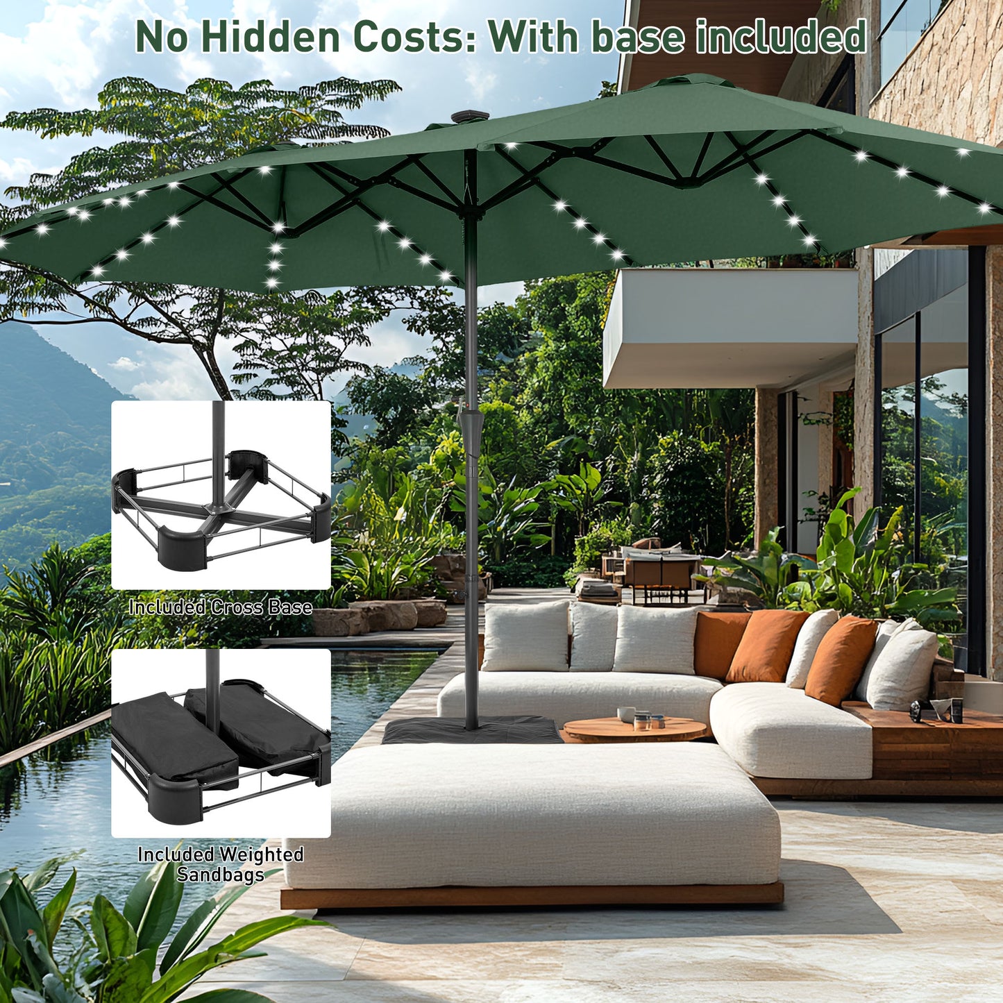 Autlaycil 15' Market Patio Umbrella and Matching Base with Crank System and 48 Solar Powered LED Lights for Outdoor, Market, Beach, Garden, Yard, Party, Green
