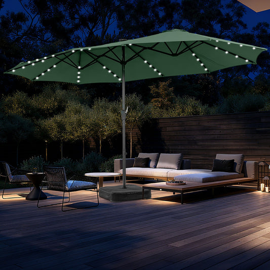 Autlaycil 15' Market Patio Umbrella and Matching Base with Crank System and 48 Solar Powered LED Lights for Outdoor, Market, Beach, Garden, Yard, Party, Green
