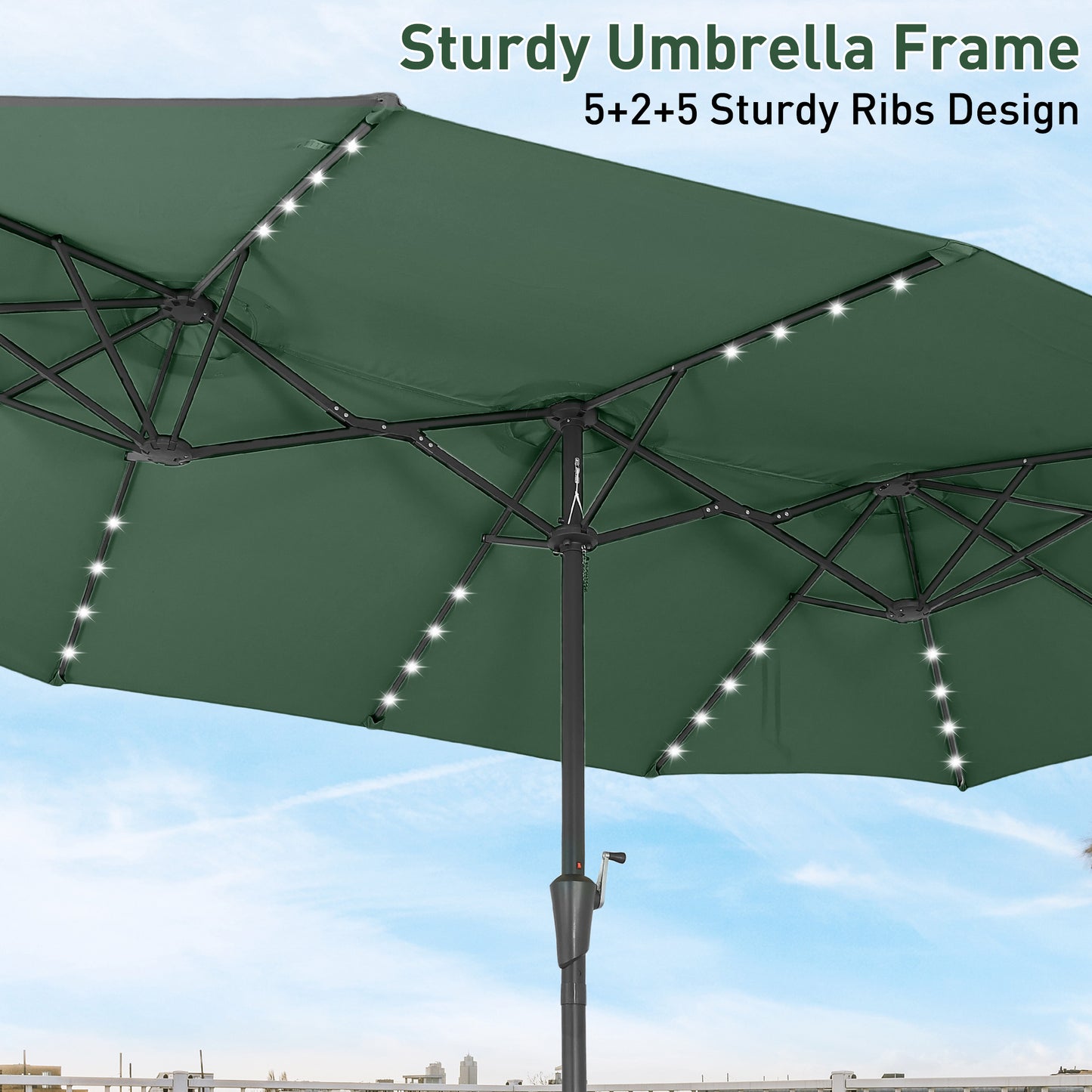 Autlaycil 15' Market Patio Umbrella and Matching Base with Crank System and 48 Solar Powered LED Lights for Outdoor, Market, Beach, Garden, Yard, Party, Green